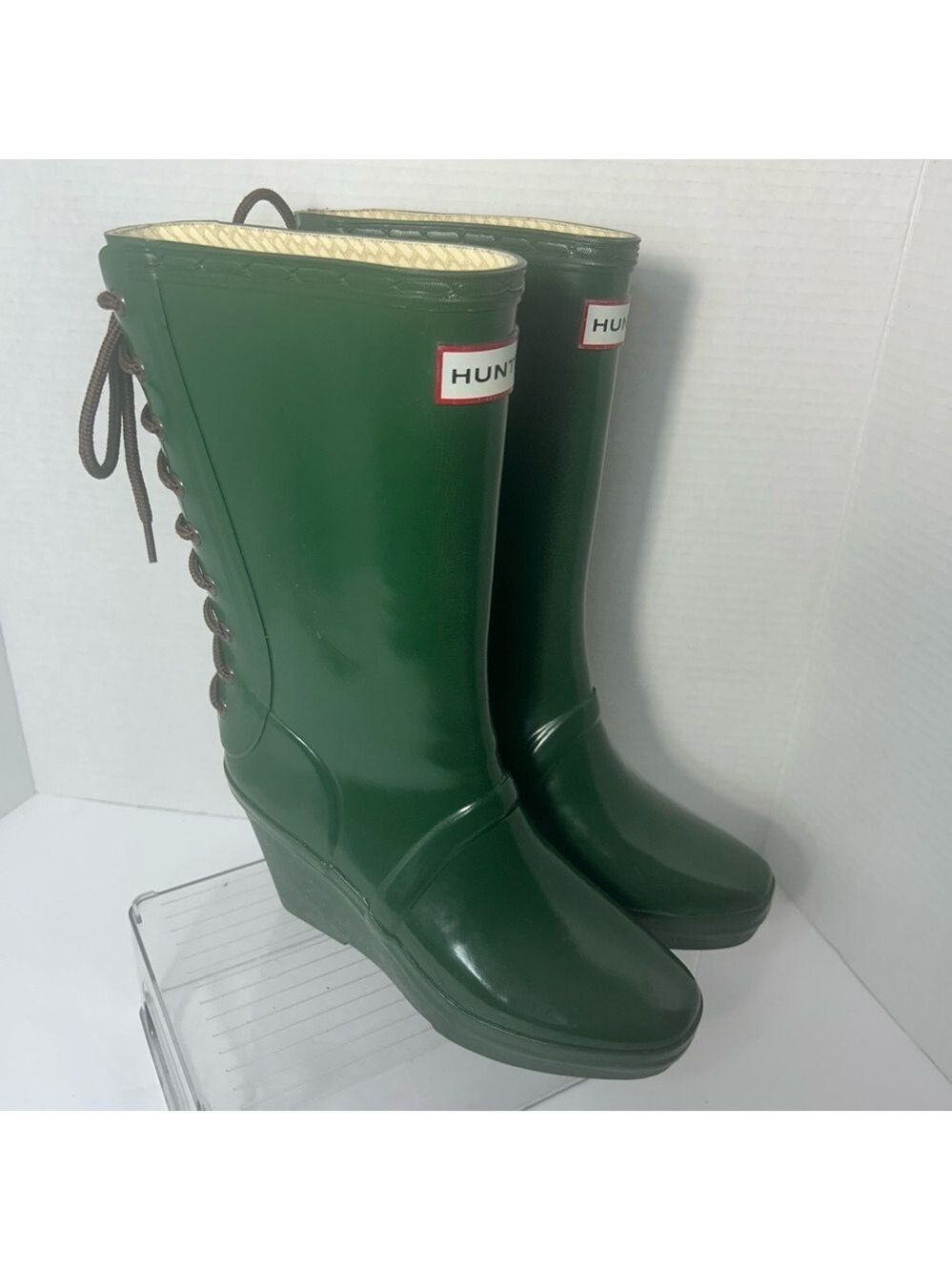 NEW HUNTER Green Verbier Mid Calf Rubber Rain Boots 3” Wedge Sz 36 EU 5 US